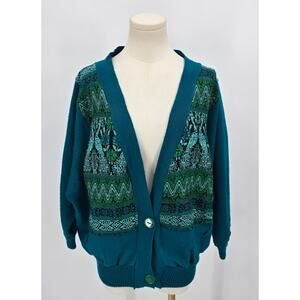 Vintage Karla Cotton Cardigan Teal Green Knit Retro Daisies & Peacocks – XL/XXL